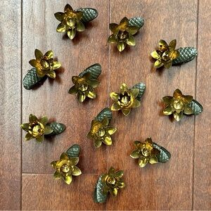 Vintage 1940s Gold & Green Metal Floral Clip-On Christmas Tree Candle Ornaments